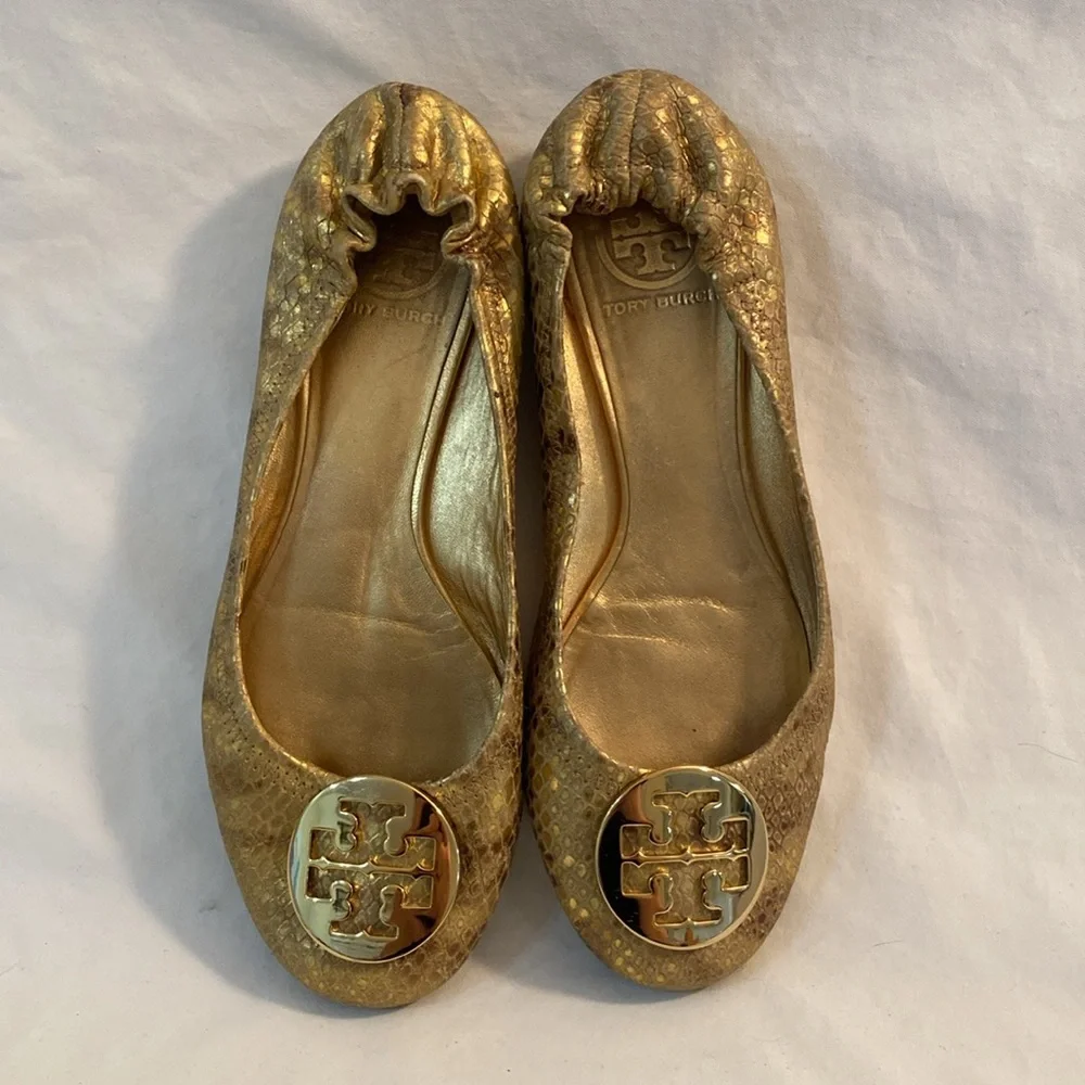 Tory Burch REVA GOLD LEATHER Medallion SNAKESKIN BALEET FLATS Size 8M VGC